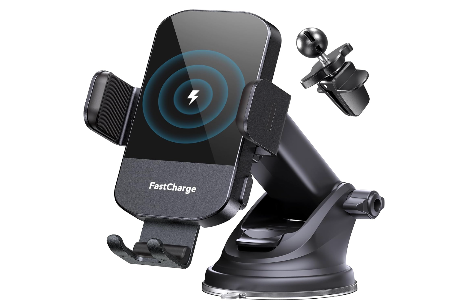 Car phone holder with wireless charging back and stand.